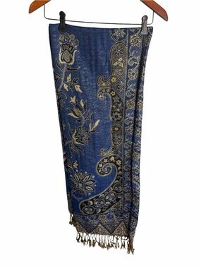 Pashmina Blue & Gold Paisley Fringe Scarf